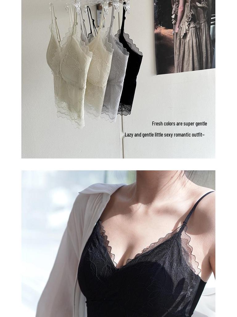 Ya Shuang French Embroidery Lace Camisole with Fixed Cups and Pads - Versatile & Comfortable