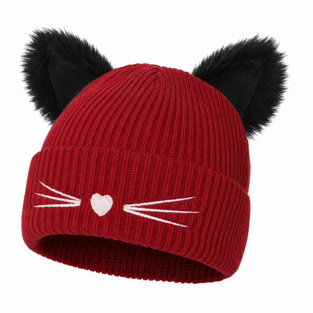 Embroidery Cat Ear Beanie Faux Fur Winter Hat Cute Kawaii Beanie For Women