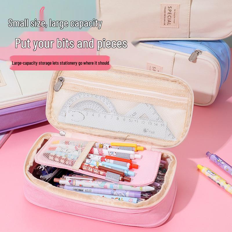 Colorblock Canvas Telescopic Pencil Case, Multifunctional Double Zipper, Convertible, Large Capacity Pencil Bag for Students