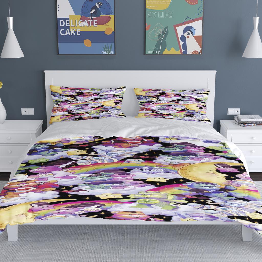 Tecknade Flickor Anime Care Bears Påslakan Set Kawaii Täckeöverdrag Örngott Set Barn Sängkläder Set Dekor Full Queen Size