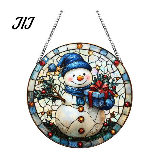 Lightweight Christmas Wall Ornaments 2D Acrylic Hanging Ornaments, Stained Glass Style Snowman Santa Snowflake Holiday Window Decorations for