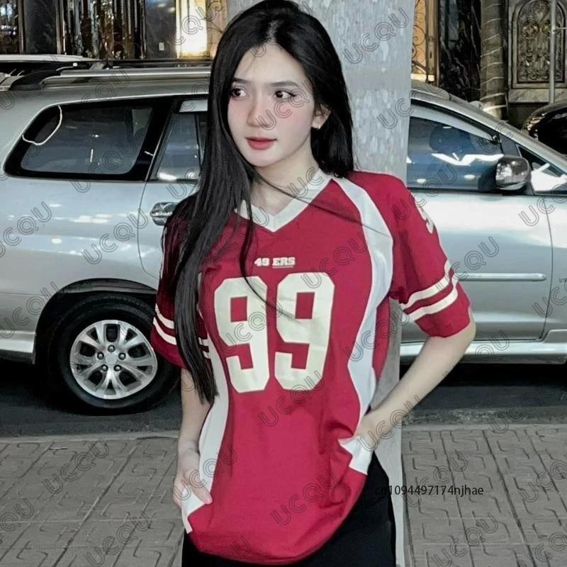 

Летняя футболка женская с принтом V-образный вырез короткий рукав спортивная футбольная форма свободный топ S