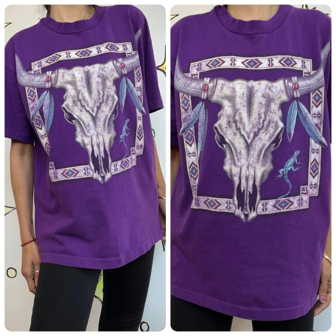 Vintage 90s Native American Dreamcatcher Skull Tee Purple Boho Grunge T Shirt L XL