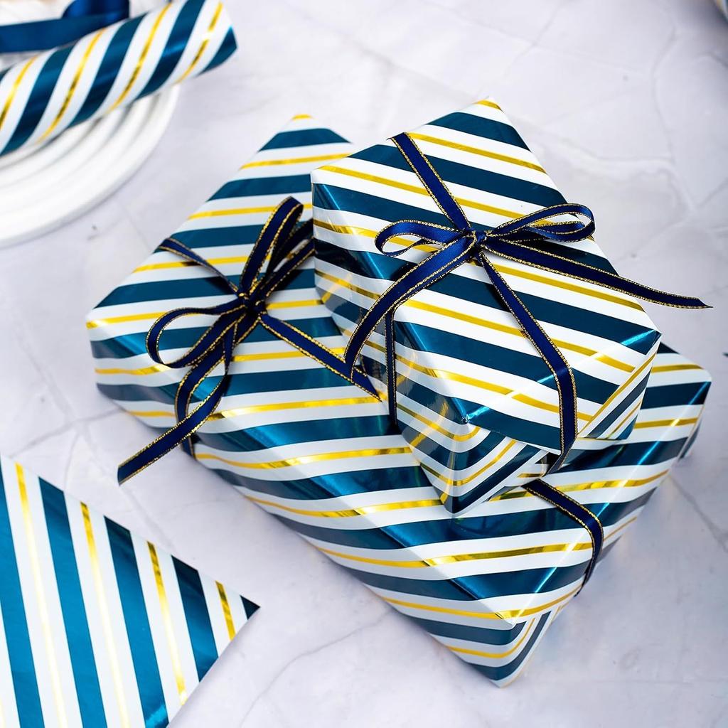 1Pc Gift Wrapping Paper Roll - Blue and Gold Stripes, Perfect for Birthdays, Holidays, Weddings, Christmas and Various Occasions.