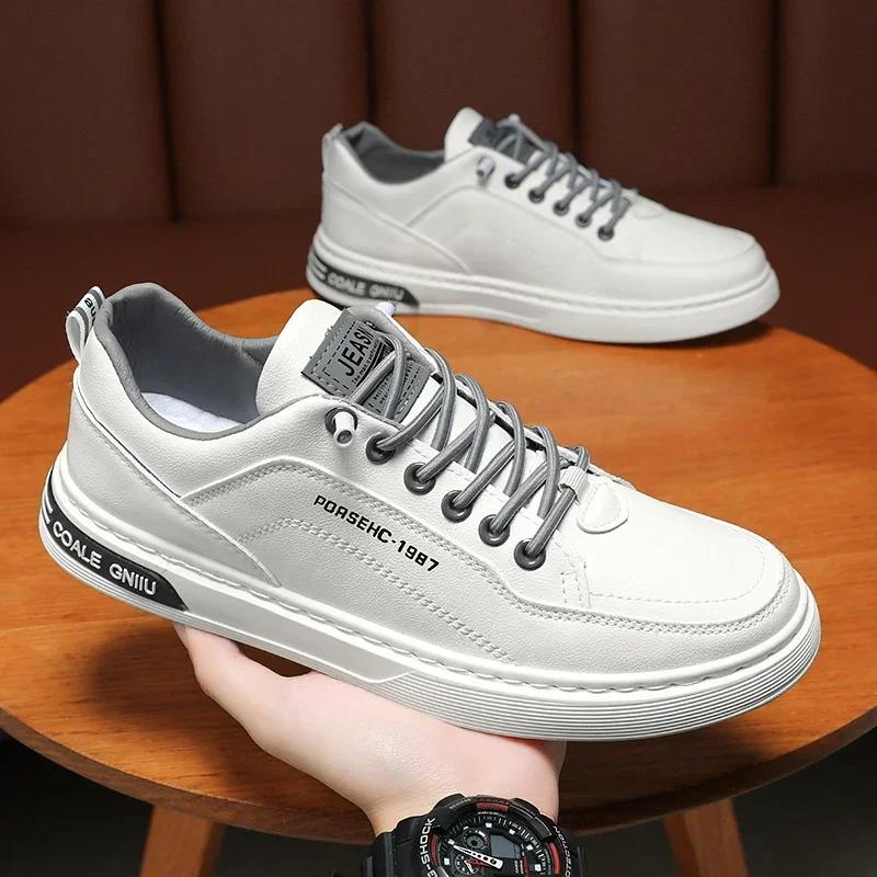 Leather Men Skateboarding Shoes Platform Casual Shoes Soft Walking Sneakers Outdoor Breathable Lightweight Running Tennis Shoes