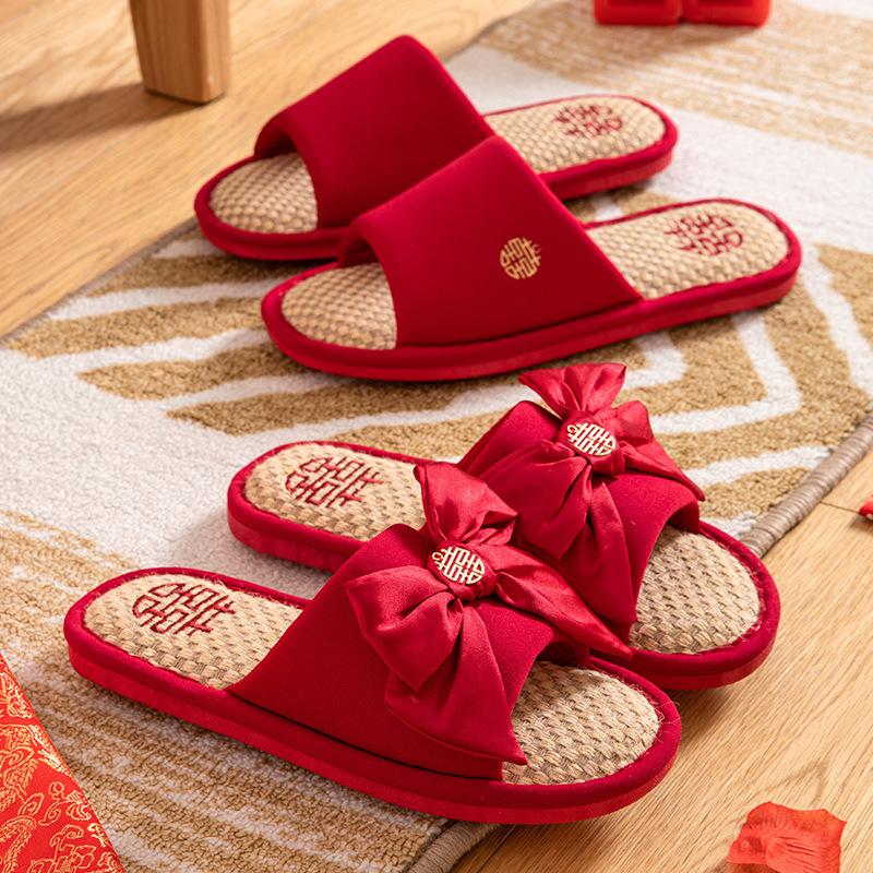 Wedding slippers festive bow big red pair of four seasons linen couple newlywed bride dowry slippers