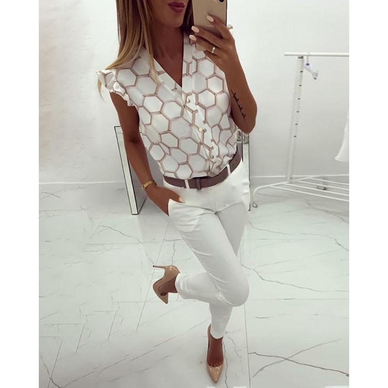 Fashion V-neck Printed Ruffled Casual Shirt