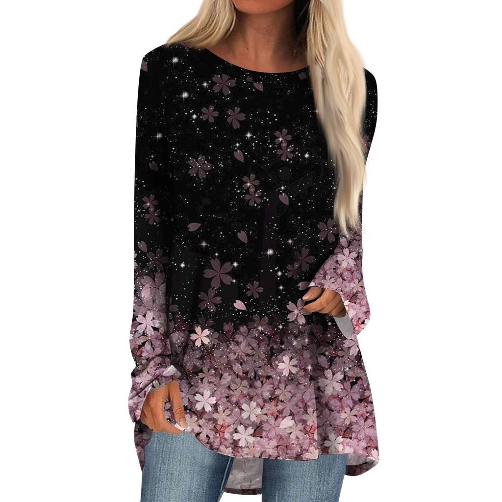 Women's Fashion Casual Long Sleeve  Print Round Neck Pullover Top Blouse