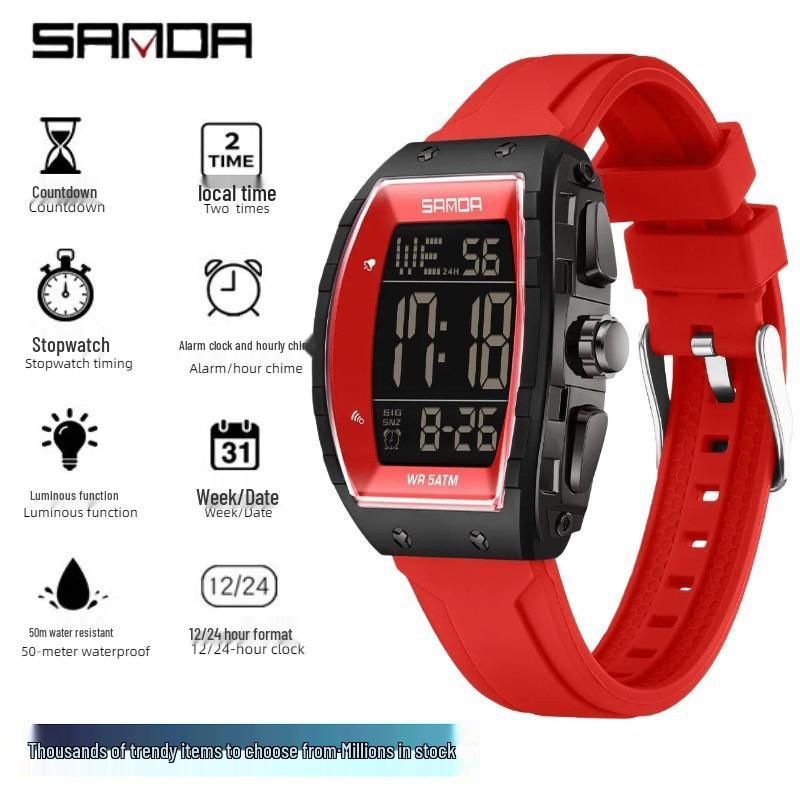 Sanda Barrel-Shaped Large Screen Multi-Functional Luminous Silicone Sports Watch with Alarm & Waterproof Features.