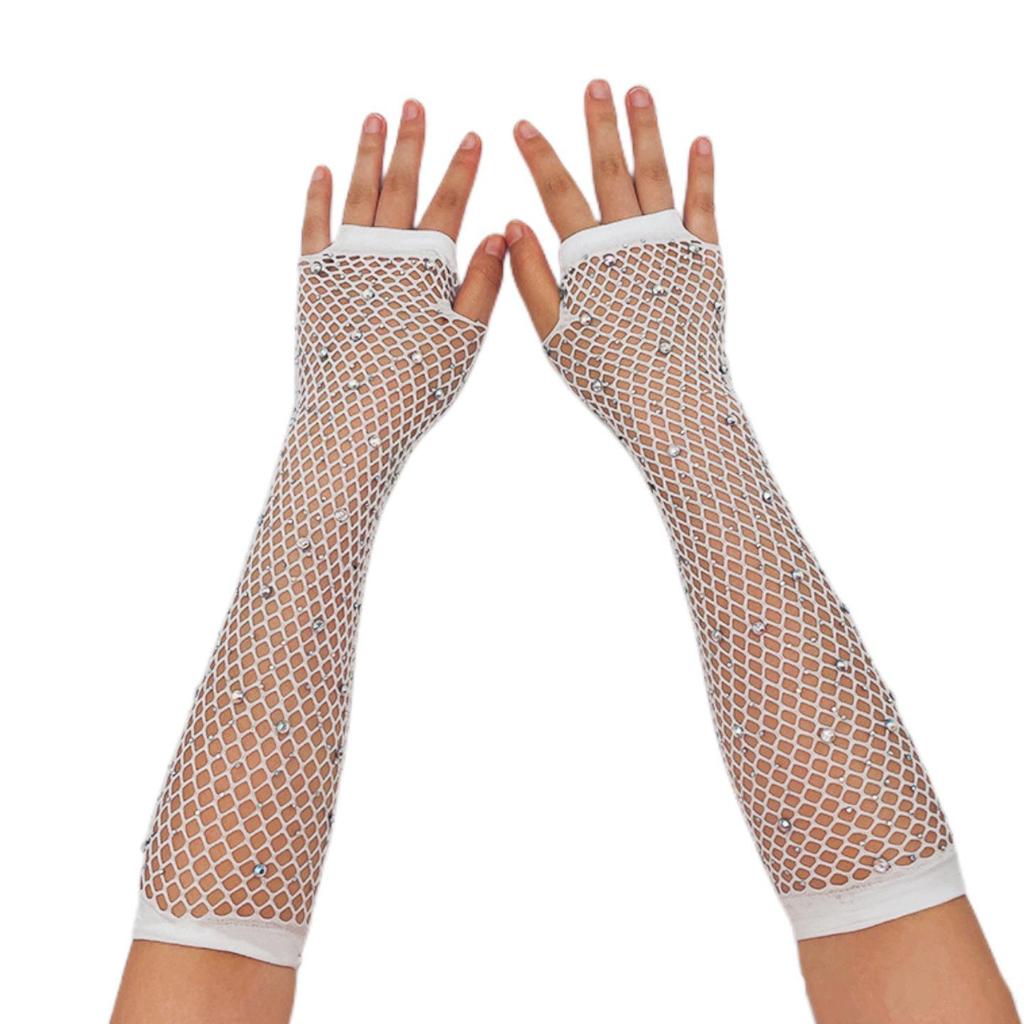 Rhinestone Fishnet Half-Finger Party Gloves
