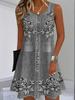 Standard dress for summer, milk thread fabric, digital print slip dress with faux denim, sleeveless straight-leg loose fit