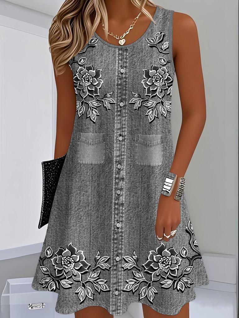Standard dress for summer, milk thread fabric, digital print slip dress with faux denim, sleeveless straight-leg loose fit