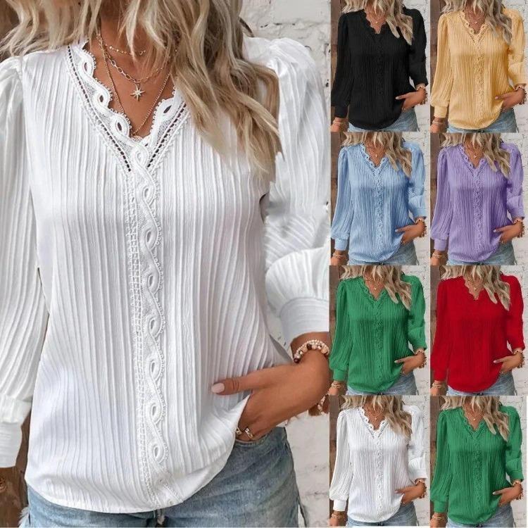 Fashion Lace Patchwork Blouse Elegant Womens White Shirt Long Sleeved V Neck Loose Fitting Office Casual Tops