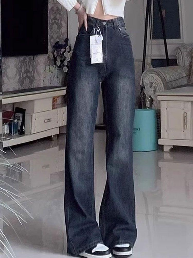 

Большие размеры не прилегают к ноге Джинсы прямого кроя с высокой посадкой Женские Весенне-летние Сине-серые Закрывающие промежность Повседневные Широкие брюки Джинсовые брюки 4XL