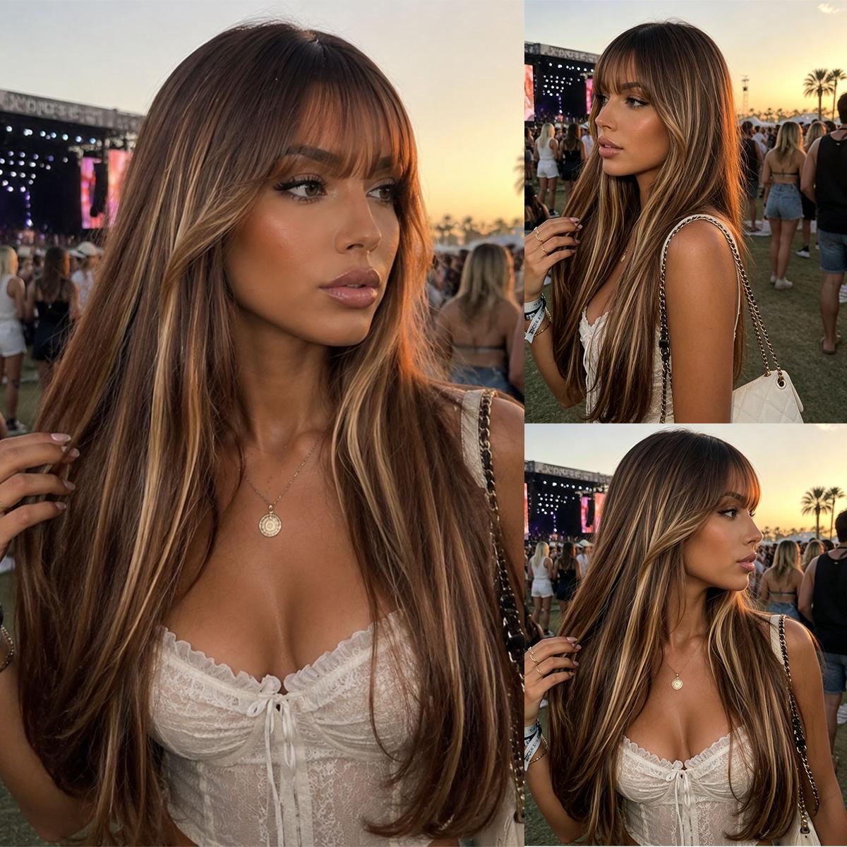 New Woven Wig Ladies Bangs Gradient Long Body Wave Hair Wig Headdress Heat Resistant 180% Density SM392 (Brown,20 Inches)