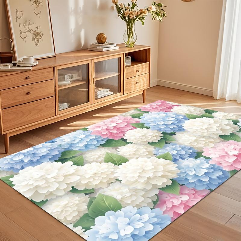 Lush Vibrant Soft Pastel Hydrangea Floral Area Rug Pink Blue White Print Cozy Floor Mat for Living Room Bedroom Entryway