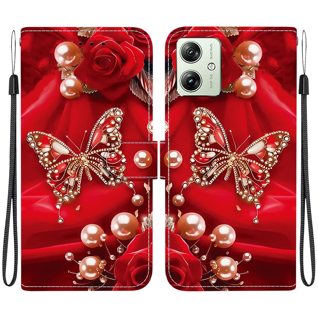 Handmade PU Leather Flip Case for Motorola Moto G54 Anti-Slip Shockproof Cover with Wrist Strap & Heart/Rose Cat Designs