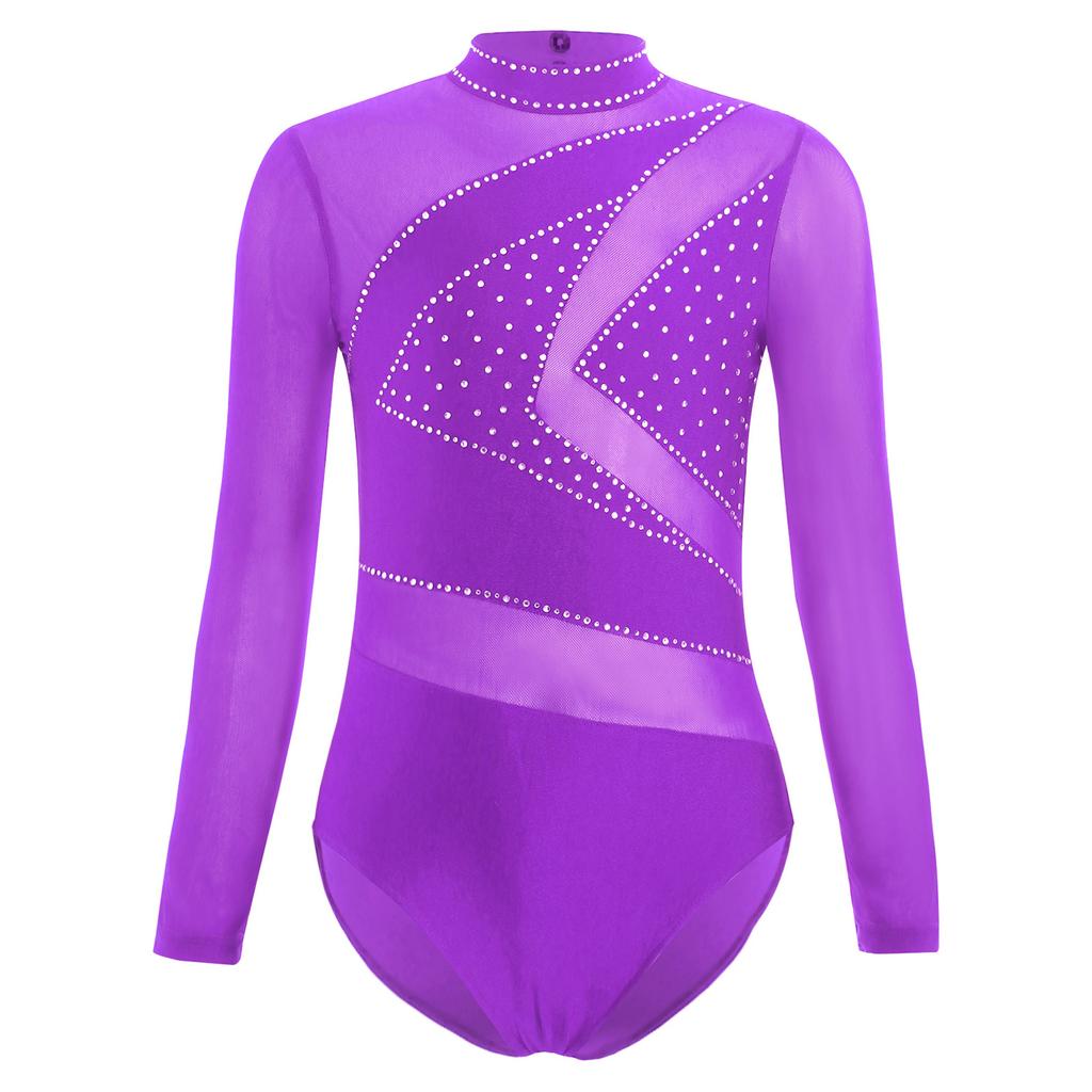 Girls Figure Skating Leotard Sparkling Rhinestones Sheer Mesh Long Sleeves Cutout Back Design Gymnastics Competition Costume