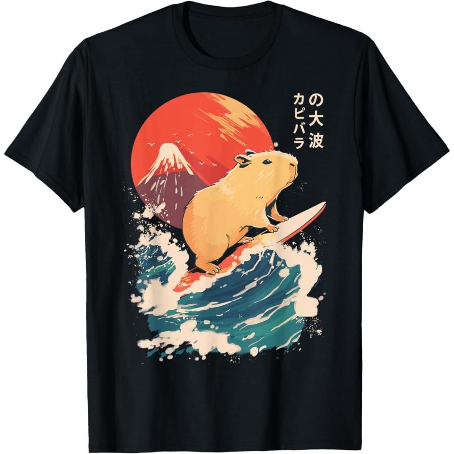 Japanese Capybara Surfing Wave Great Wave Japan T-Shirt XXXXXL чёрный