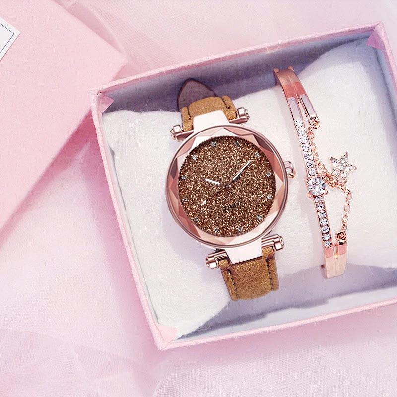 Starry Sky Women Watch Bracelet Ladies Wristwatch Pink Female Girls Clock Fashion Leather Simple Watches Reloj Mujer Rosa