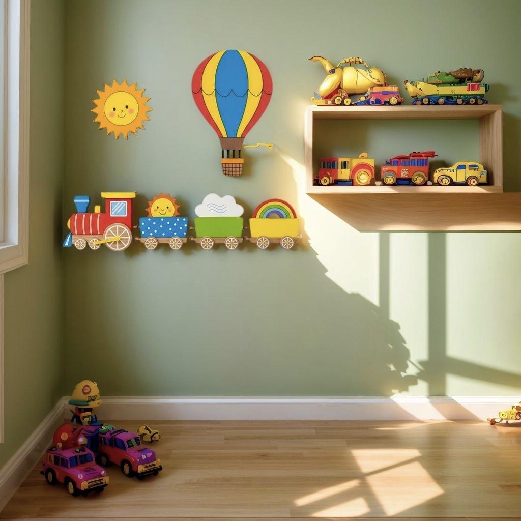 Cute Cartoon Train & Rainbow Wall Decor, Wooden Hanging Art for Kids Room