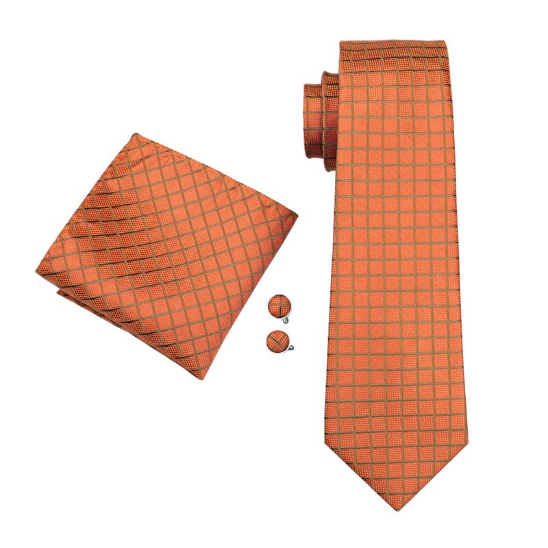 Dibangu Ties for Men Orange New Design Silk Tie Mens Necktie Hanky Cufflink Alloy Ring and Tie Tack Pin Set for Formal Party