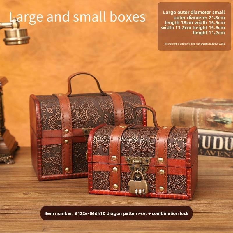 

Retro Pattern Dragon Wooden Storage Box With Metal Lock For Storage Desktop Combination Lock Set