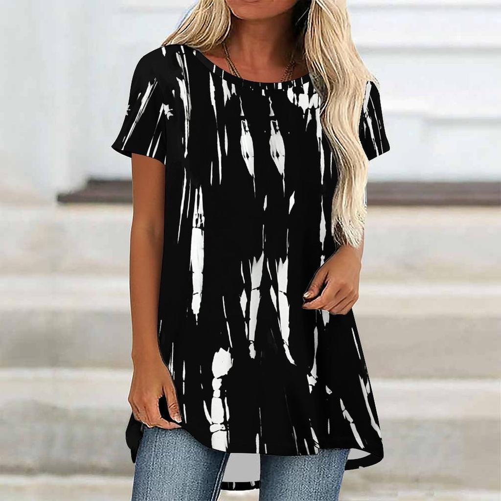 Túnicas Casuales Informales para Mujer con Estampado, Cuello Redondo, Dobladillo Irregular y Manga Corta