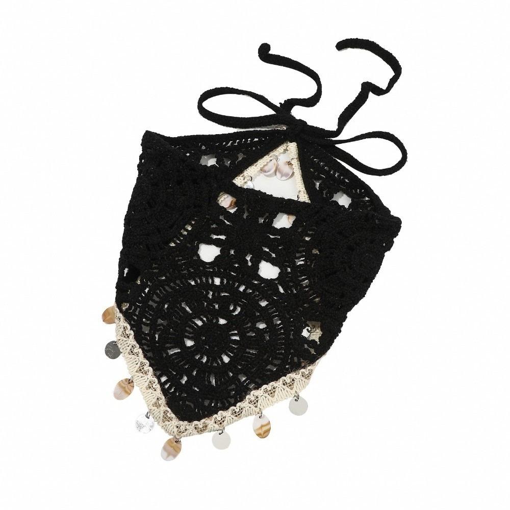 Forest Style Triangle Scarf Headband Ethnic Hollow Out Headscarf Boho Crochet Head Wrap  Festival Black with Sequins