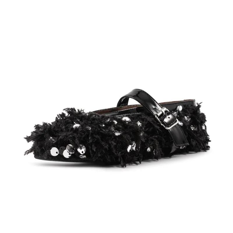 Fashion Luxury Black Pearl Round Head Buckle Ballet Sandals Summer Autumn Metal Hollow Commuting Casual Mary Jane Single Shoe Size 45