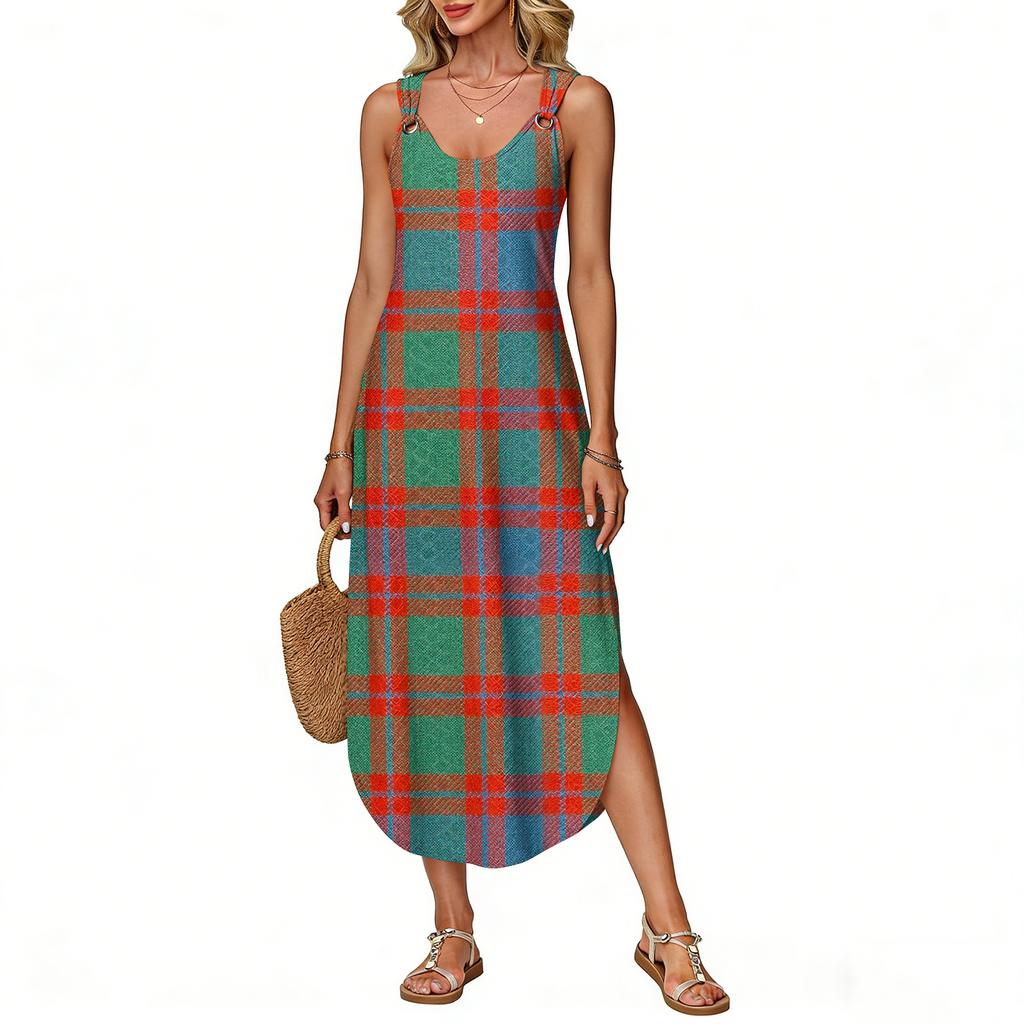 Women's Summer Long Dress, Sleeveless with Side Slits, Long Plaid Printed Vest Dress