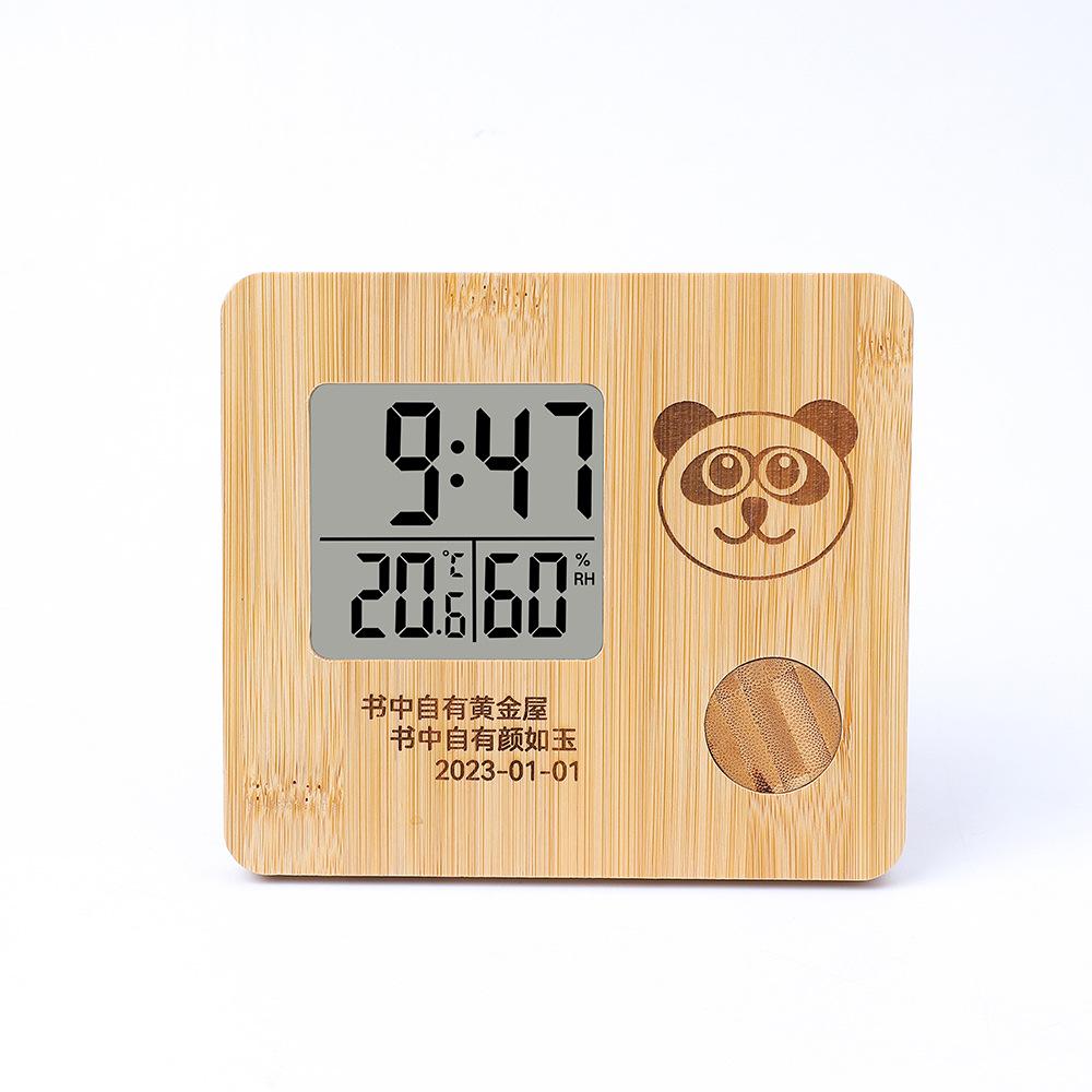 Pure Bamboo and Wood Temperature and Humidity Electronic Clock, Small and Cute Panda Digital Alarm Clock, Three-dimensional Desktop Ornament