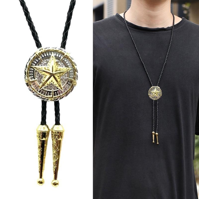 Western Styles Bolo Tie for Men and Women Metal Star Badge Pendant Braided Leather Cord Necktie Music Festivals Necklace