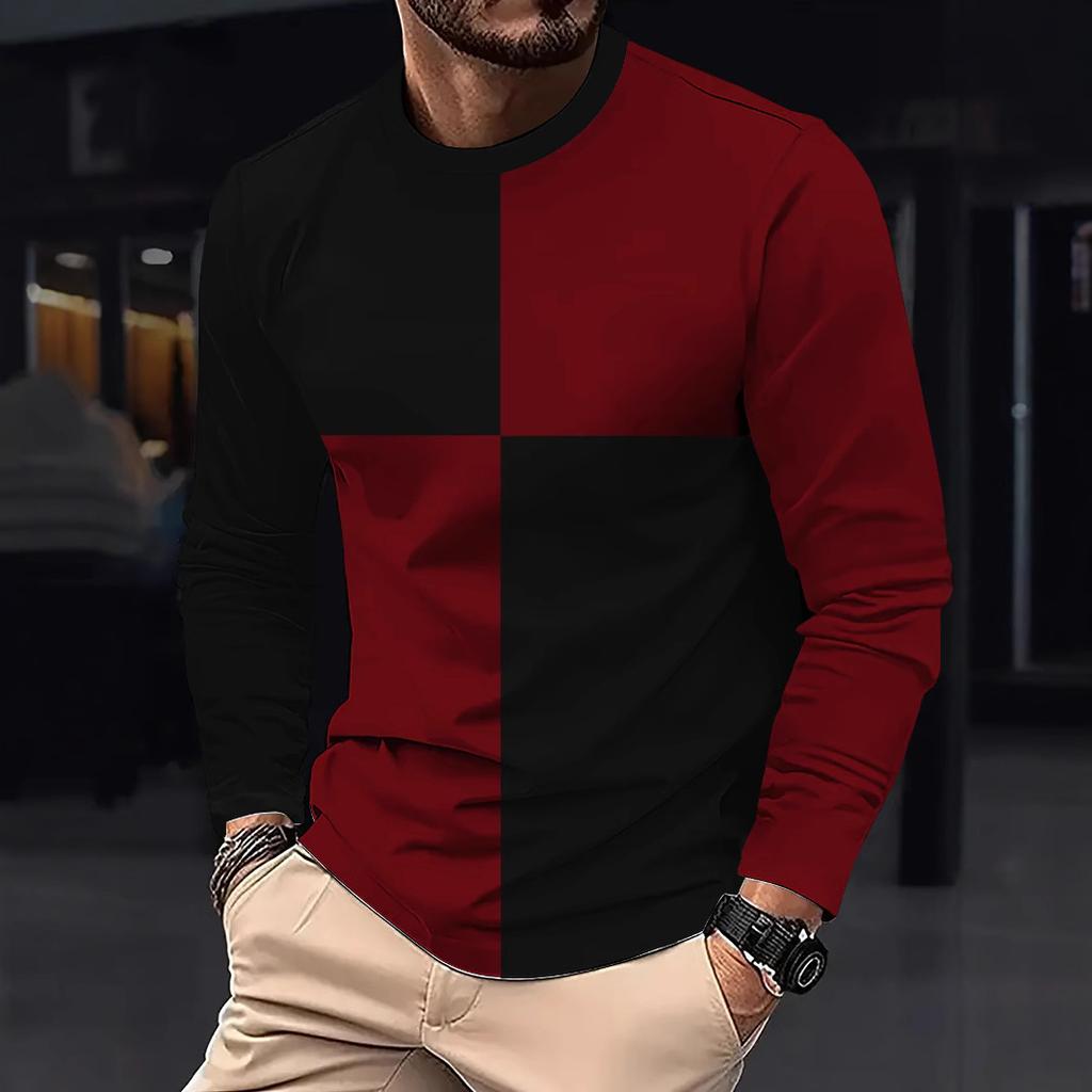 Men's Checkerboard Splicing Long Sleeved Trendy Round Neck T-shirt
