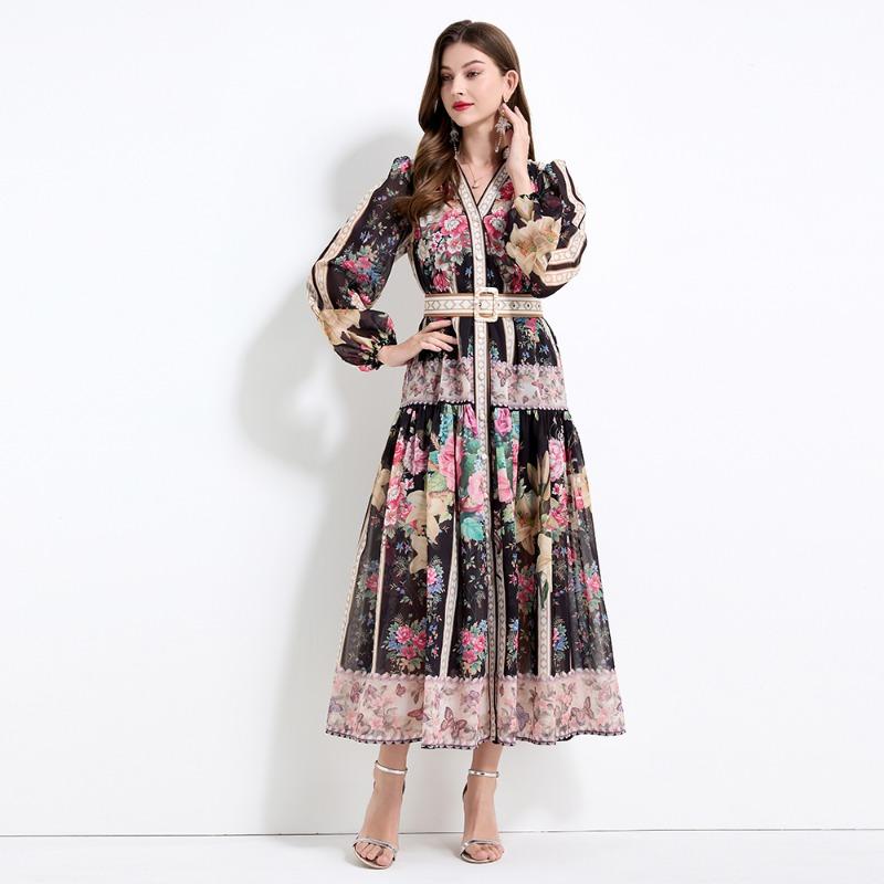 Summer Autumn Women V-neck Vintage Print Chiffon Runway Dress Single Breasted Long Maxi Oversize Vacation Beach Dresses with Belt