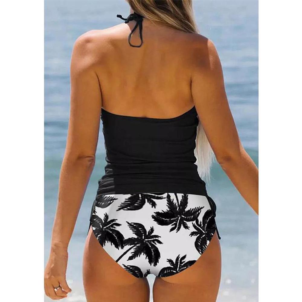 23-Year Coconut Tree Print Halter Neck Tie-Up Tummy Control Plus Size Women's Bikini