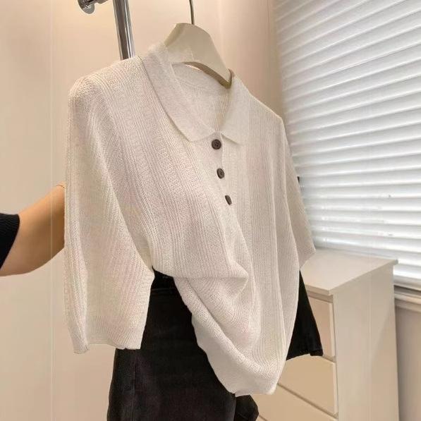 Summer Casual Polo Shirt Top Collar Knit Short Sleeved T-shirt for Women