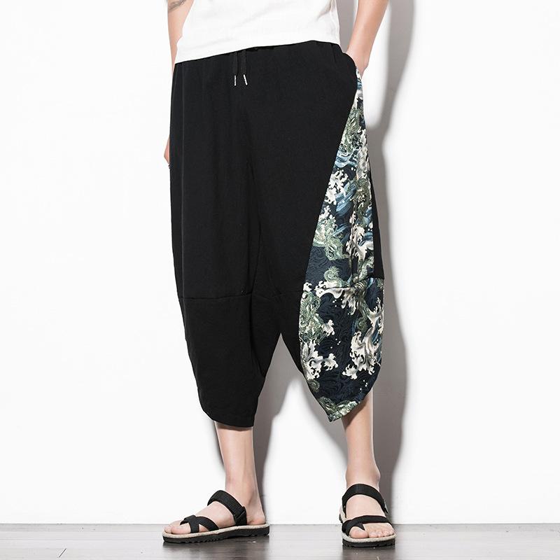 Summer Men Harajuku Harem Pants Cotton Joggers Calf-Length Pants Male Vintage Chinese Style Print Trousers