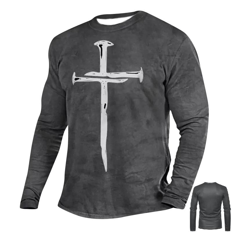 

Чоловічі футболки Весна та осінь, хрестоподібний принт, довгий рукав, повсякденний круглий виріз, вінтажна футболка, верхній чоловічий одяг великого розміру M