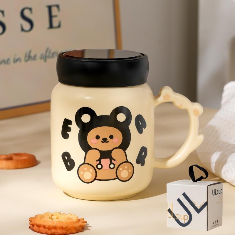 Mirror Cup with Lid Cartoon Style Bear Ceramic Cup Milk Yellow Cute Girl Water Cup Opening Present Cup Set Durable