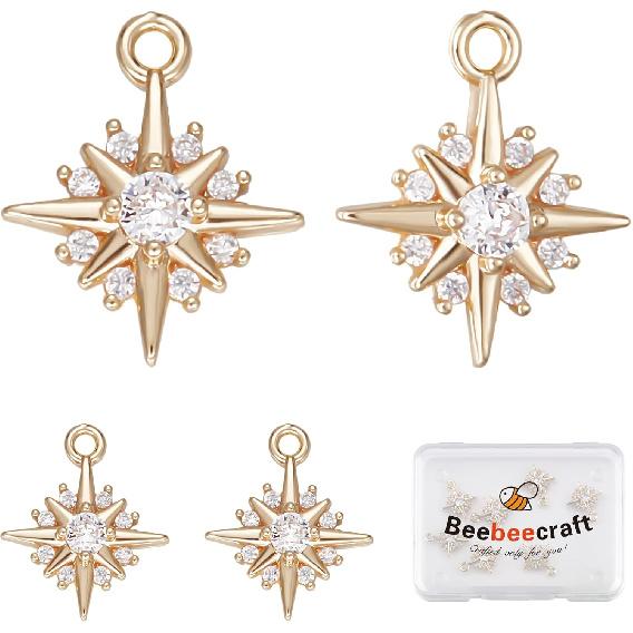 Beebeecraft 14Pcs Star Charms 14K Gold Plated Cubic Zirconia North Star Pendant Charms for DIY Necklace Earrings Wedding Anniversary Summer Party