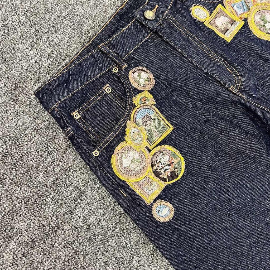 High Quality Y2K Harajuku Jeans Goth Vintage Plum Blossom Embroidery Pattern Wide Leg Pants Denim Fabric American Style Street Wear Unisex