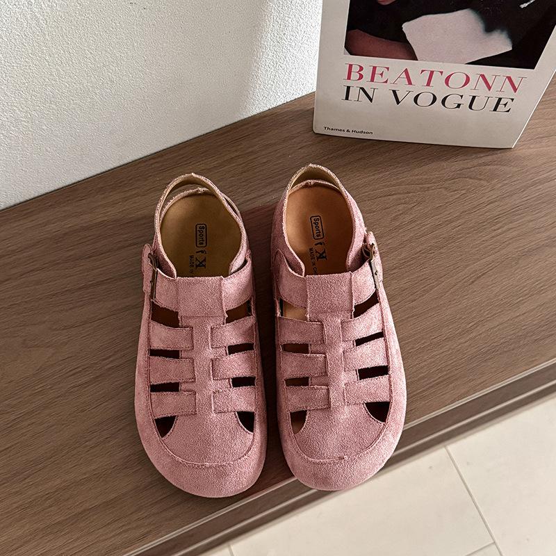 

Версия из коровьей кожи~ Кожаные римские сандалии женские 2025 лето новые универсальные ретро уродливо милые дырявые сандалии Бокен 35 розовый