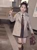 Girls' 2025 British Style Three-Piece Set: Mid-Length Trench Coat, Pleated Skirt, and Jacket for Spring/Autumn - New College Fashion.