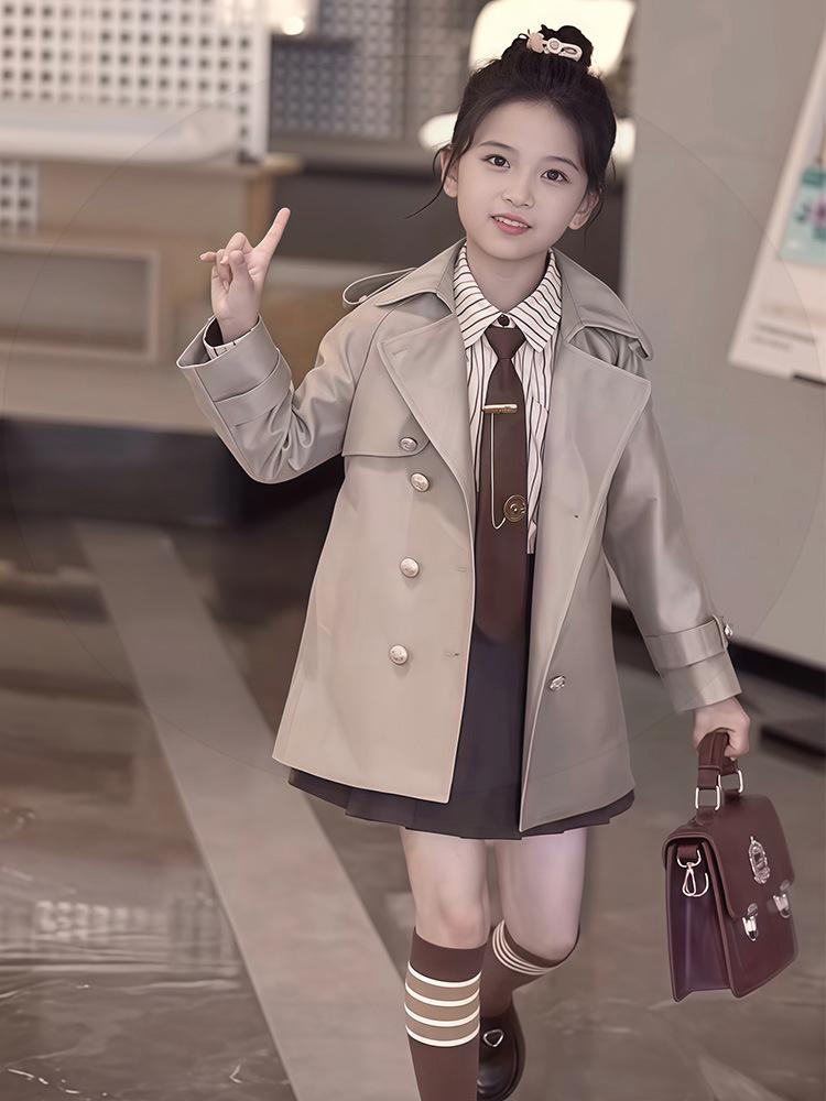 Girls' 2025 British Style Three-Piece Set: Mid-Length Trench Coat, Pleated Skirt, and Jacket for Spring/Autumn - New College Fashion.
