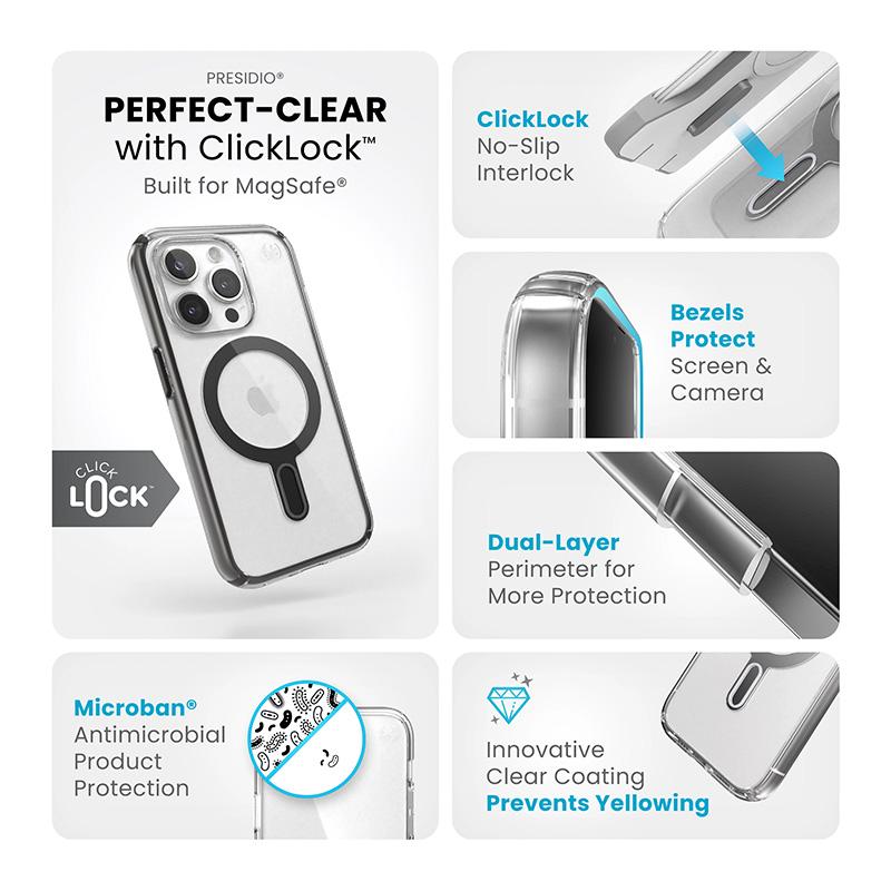 Speck Presidio Perfect-Clear Clicklock & Magsafe - Etui Iphone 15 Pro (Clear / Frosted Black / Slate Grey)