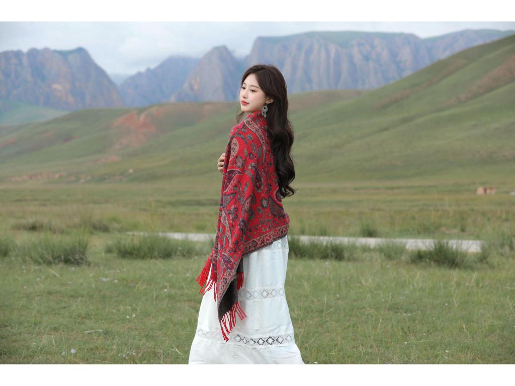 High-End Red Angora & Imitation Cashmere Ethnic Style Scarf Shawl