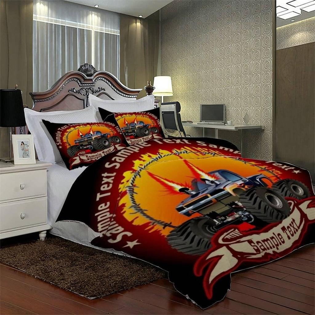 Racing themed bedding 3D printed cartoon monster truck pattern, soft down anti allergy down duvet cover, adult bedding set, teen