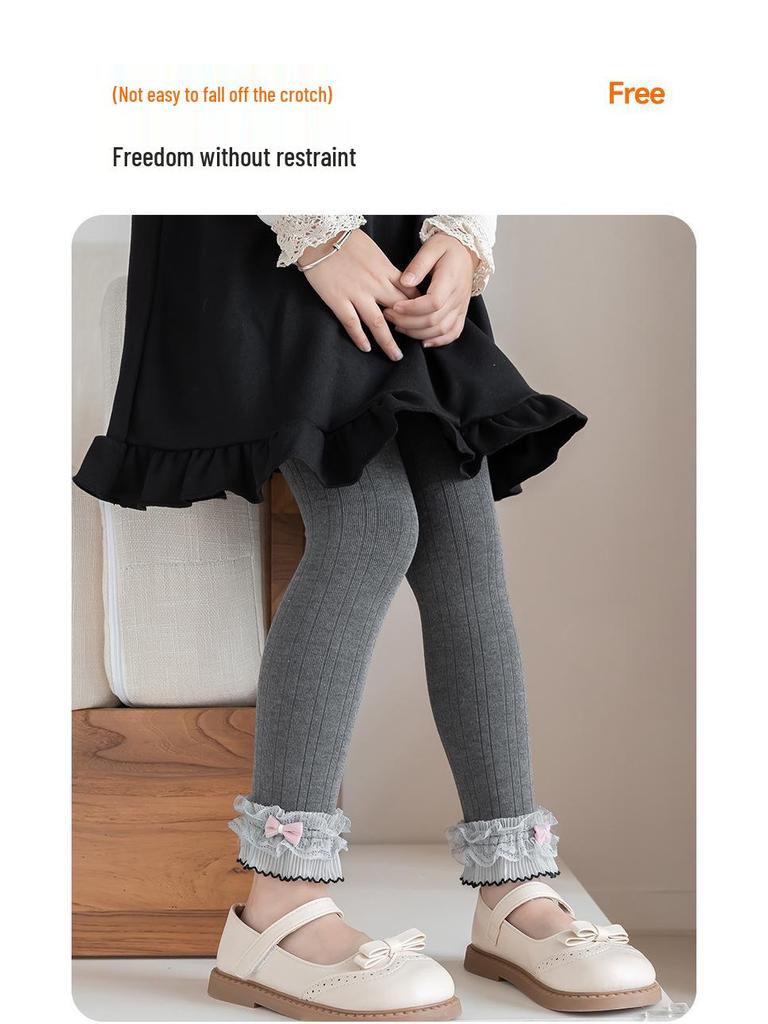 Girls' Brushed Cotton Leggings with Bow & Lace Trim - Autumn/Winter Fleece, Nine-Point Length