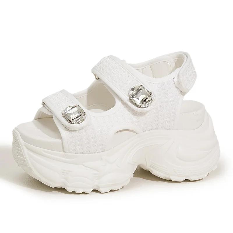 Fashion 9CM Women's Thick Heels Sandals Summer Breathable Slip-On Slippers Magic Tape Leather Beach Sandals Bling Diamond Casual Shoes